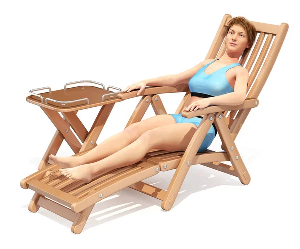 Menina em um maiô azul em uma cadeira de praia . Imagens De Bancos De Imagens