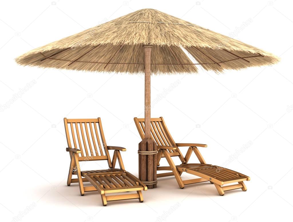 Two wooden deck chairs under an umbrella made of reeds.