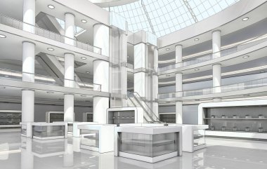 Asansör ve yürüyen merdiven ile alışveriş merkezinin iç.