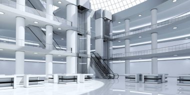 Asansör ve yürüyen merdiven ile alışveriş merkezinin iç.