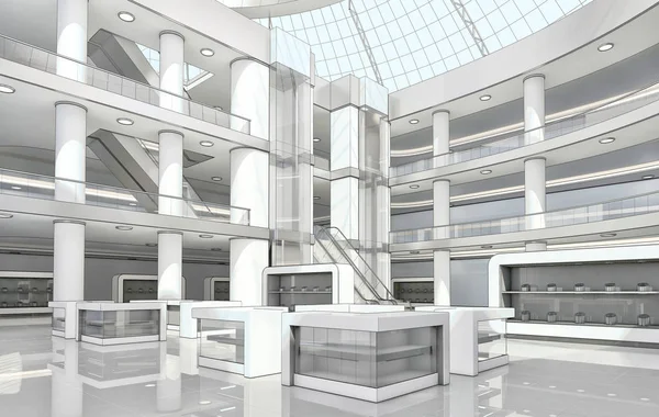 Asansör ve yürüyen merdiven ile alışveriş merkezinin iç.