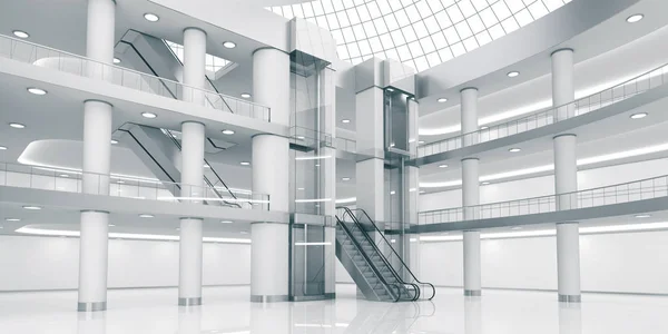 O interior do shopping center com elevadores e escadas rolantes . Imagens De Bancos De Imagens Sem Royalties