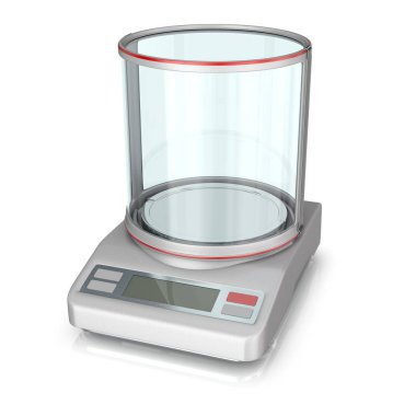 Ölçekler elektronik hassas laboratuvar. 3d görüntü üzerinde beyaz izole