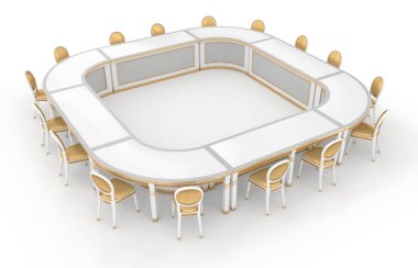 Negotiation table white with gold, chairs. 3d image clipart