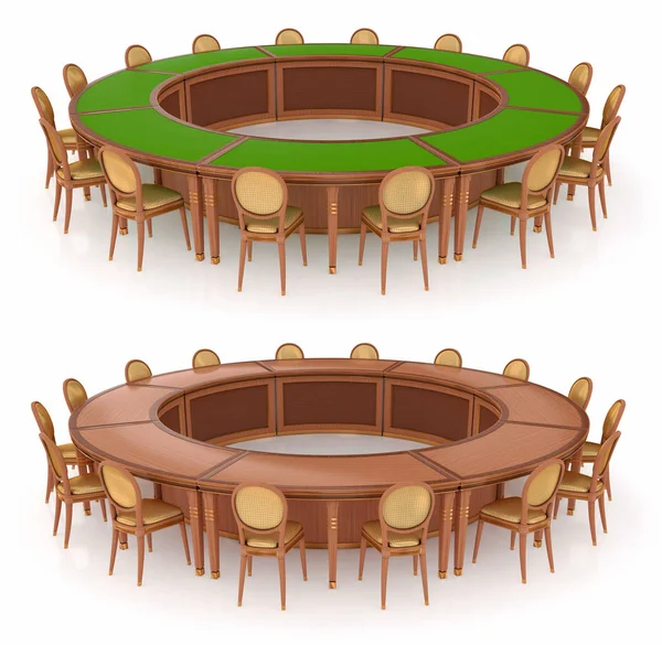 椅子との交渉のためのラウンド テーブル イメージ セット白で隔離 ストックフォト