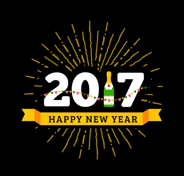 Вітаємо з Новим 2017 роком з пляшкою шампанського, прапорами — стоковий вектор