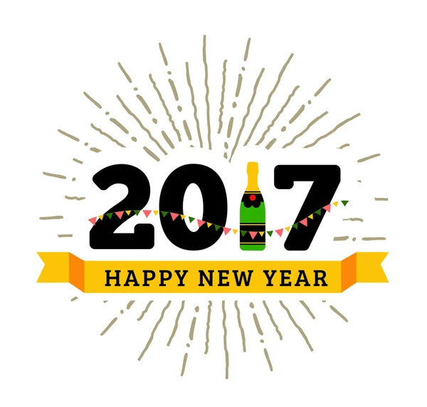Proficiat aan de gelukkige Nieuwjaar 2017 met een fles champagne, vlaggen — Stockvector