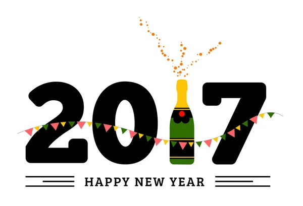 Gratulálok a boldog új 2017 év egy üveg pezsgővel, zászlók — Stock Vector