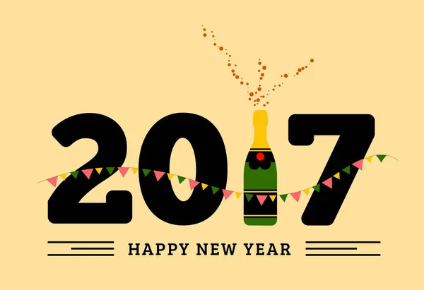 Συγχαρητήρια για την ευτυχισμένη Πρωτοχρονιά 2017 με ένα μπουκάλι σαμπάνια, σημαίες — Διανυσματικό Αρχείο
