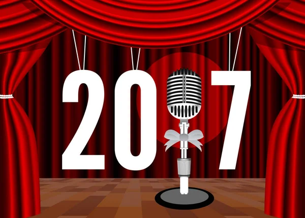 Feliz Ano Novo no fundo do palco com um microfone — Vetor de Stock