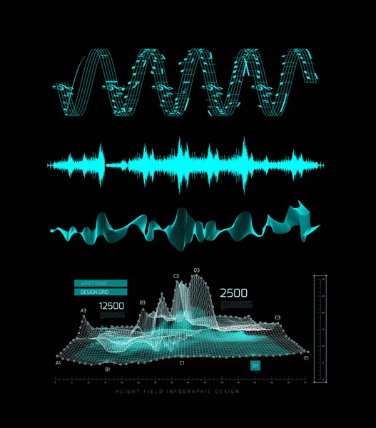 Ecualizador musical gráfico, ondas sonoras, sobre fondo negro — Archivo Imágenes Vectoriales