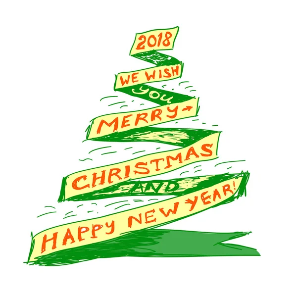 Albero di Natale a forma di nastro disegnato da una penna su carta — Vettoriale Stock
