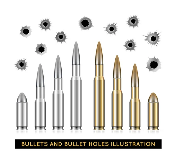 Proiettili e fori di proiettile. Illustrazione vettoriale — Vettoriale Stock