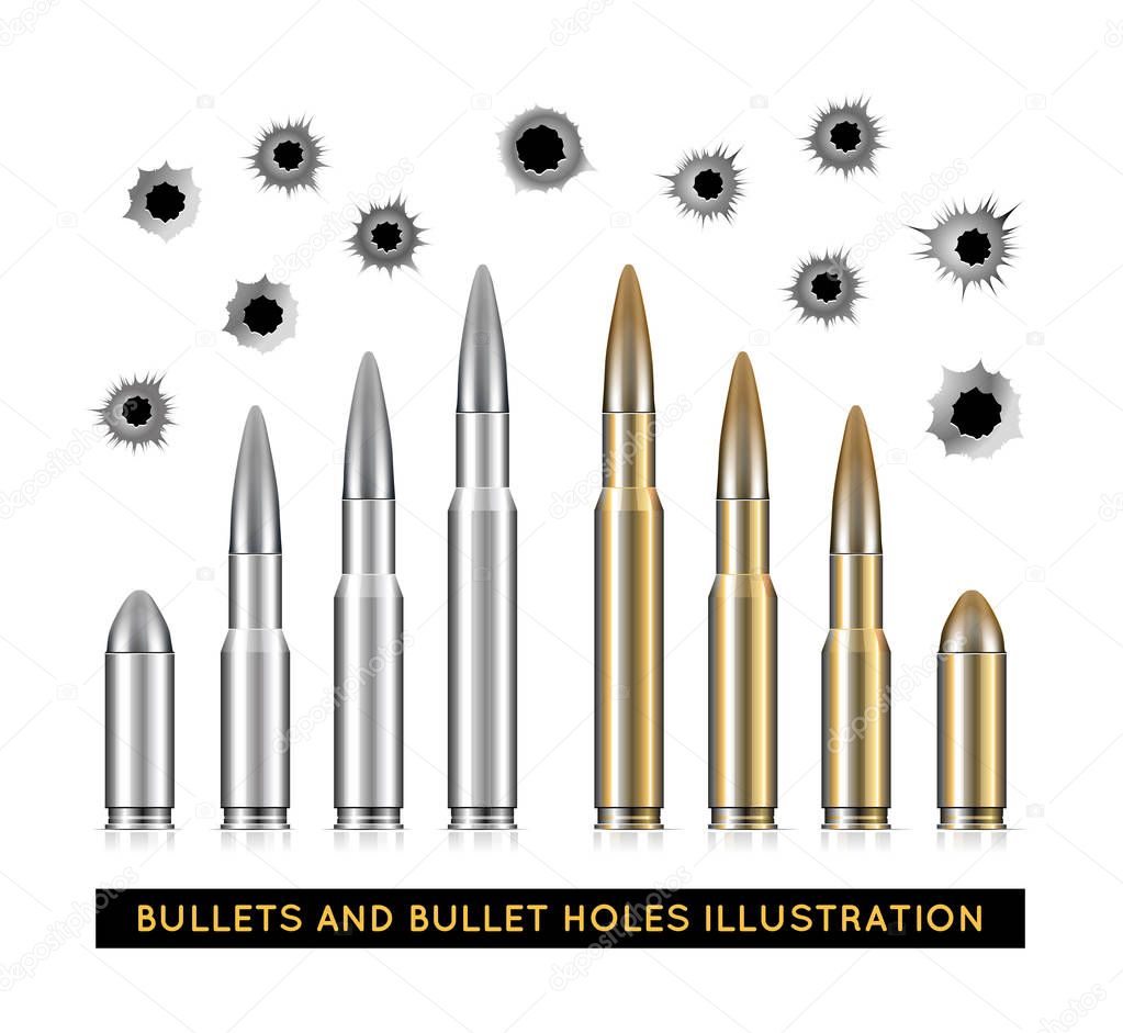 Bullets and bullet holes. Vector illustration