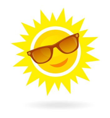 Neşeli, karikatür güneş güneş gözlüğü beyaz arka plan üzerinde gülümseyen.