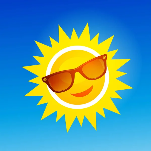 Joyeux, souriant dessin animé soleil dans les lunettes de soleil sur fond bleu . — Image vectorielle