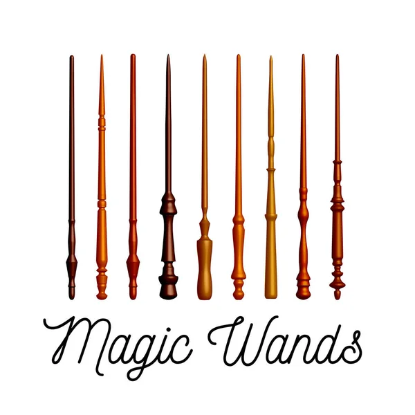 Set de baguettes magiques en bois sur fond blanc. Vecteur — Image vectorielle
