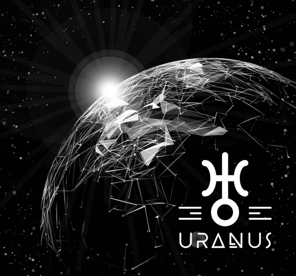 Planet Uranus dalam bentuk elemen jala poligonal dalam bentuk garis dan titik. Planet dalam astrologi bertanggung jawab untuk teknologi modern dan inovasi. Vektor - Stok Vektor