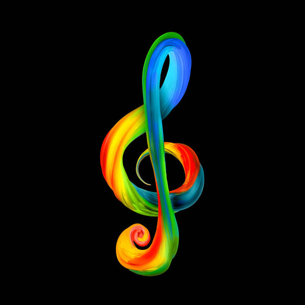 Colorful treble clef in the form of twisted paint on a black background