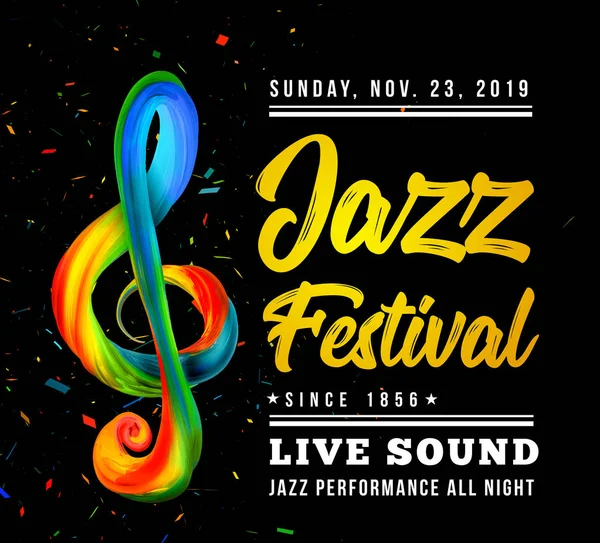 Jazz festival poster template with a treble clef and text on a black background — Stock Vector