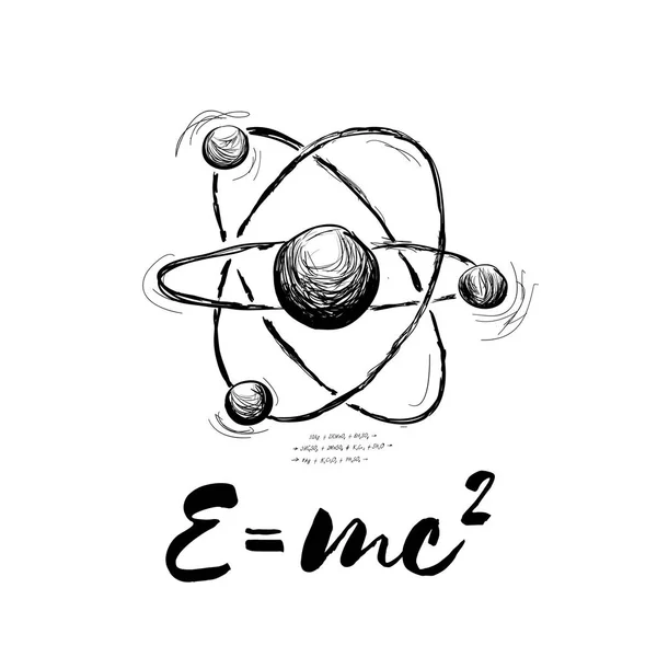Atomo disegnato con formula. Illustrazione astratta vettoriale su bianco — Vettoriale Stock