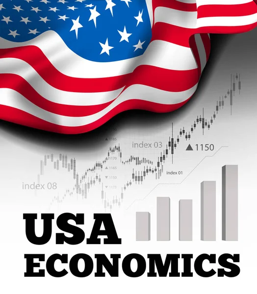 Ilustración de vectores económicos estadounidenses con bandera de los EE.UU. y gráfico de negocios, gráfico de barras números de acciones mercado alcista, gráfico de línea de tendencia alcista simboliza el crecimiento — Archivo Imágenes Vectoriales