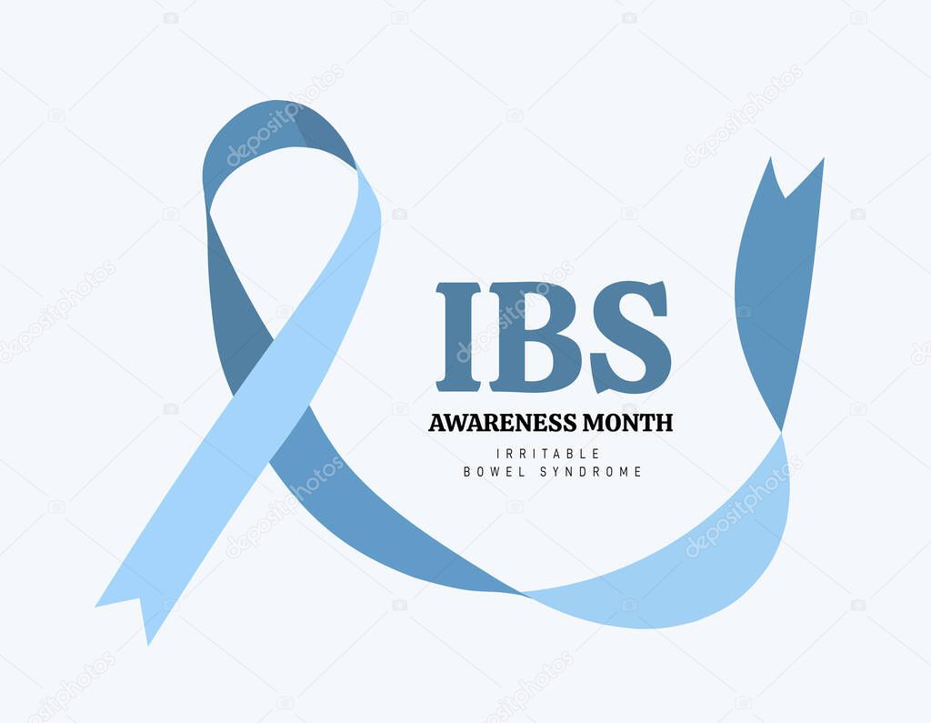 Irritable Bowel Syndrome, IBS Awareness Month. Vector illustration with blue ribbon