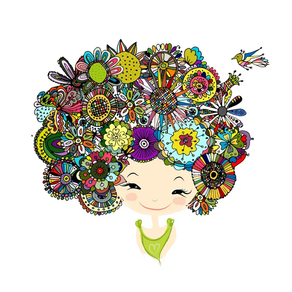 Female portrait with floral hairstyle for your design — Stock Vector