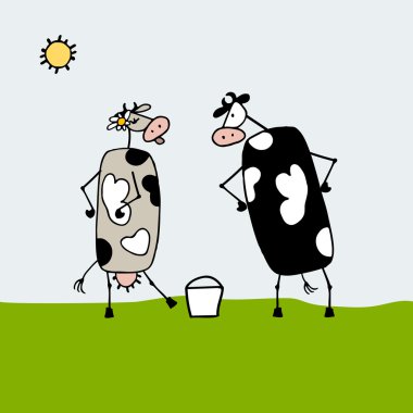 Komik boğa, inek sütü, kova ile kroki