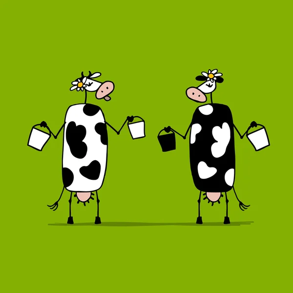 Cute cows with buckets of milk, sketch — Stock Vector