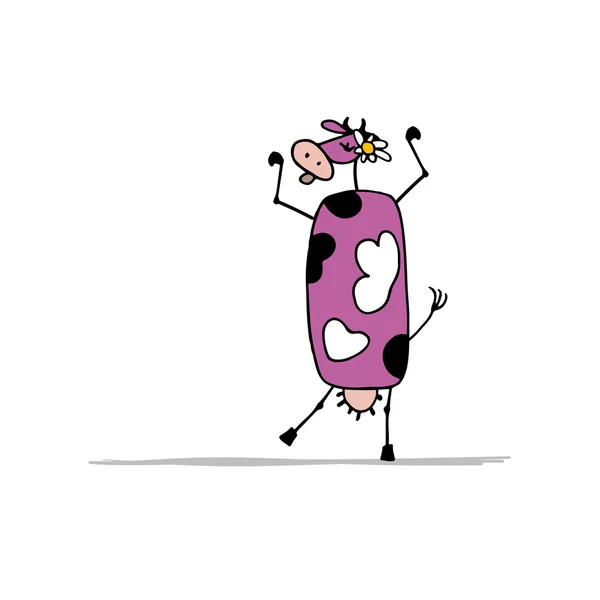 Funny purple cow dancing, sketch for your design — Stock Vector