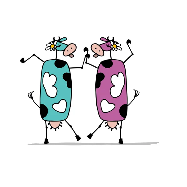 Divertidas vacas coloridas bailando, boceto para su diseño — Vector de stock