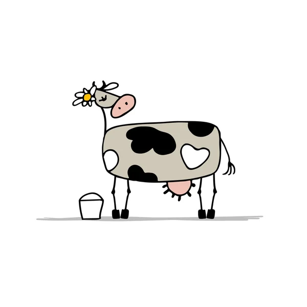 Cute cow with bucket of milk, sketch — Stock Vector