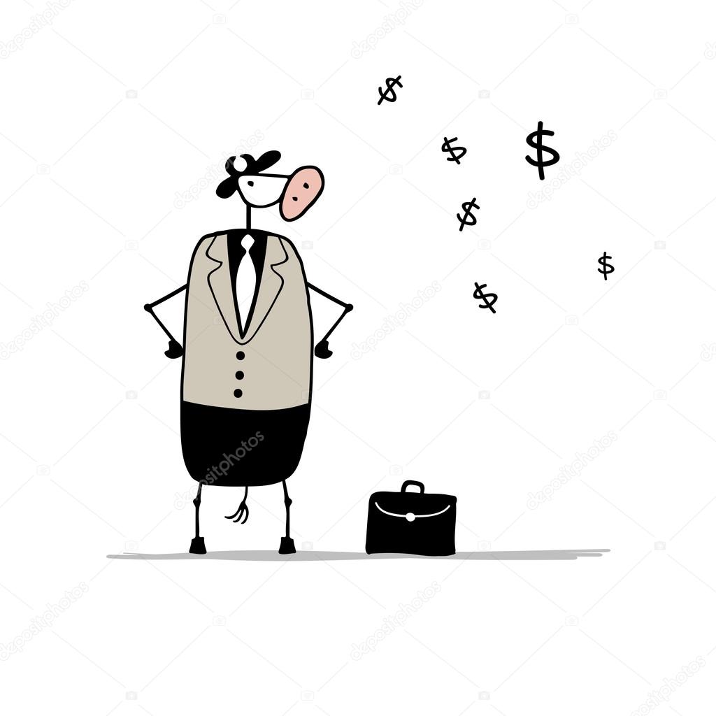 Funny bull businessman with suitcase, sketch