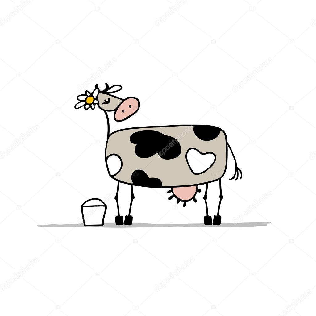 Cute cow with bucket of milk, sketch