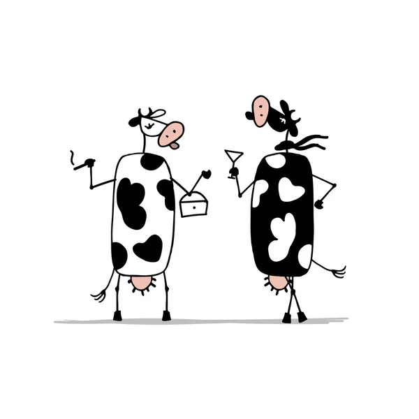 Funny cows on the party, sketch for your design Stock Vector
