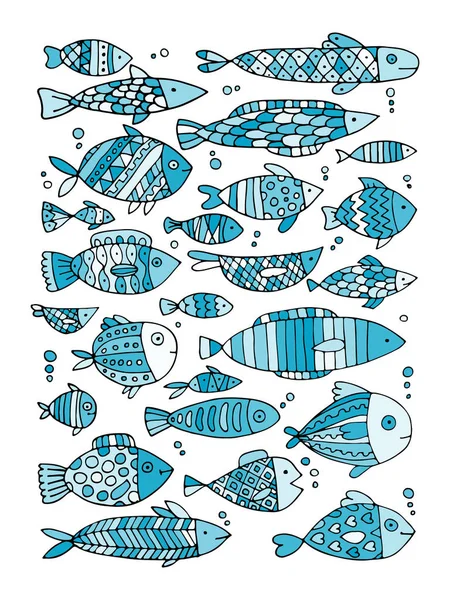 Koleksi ikan seni, sketsa untuk rancanganmu - Stok Vektor