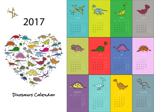 Dinossauros calendário 2017 design — Vetor de Stock