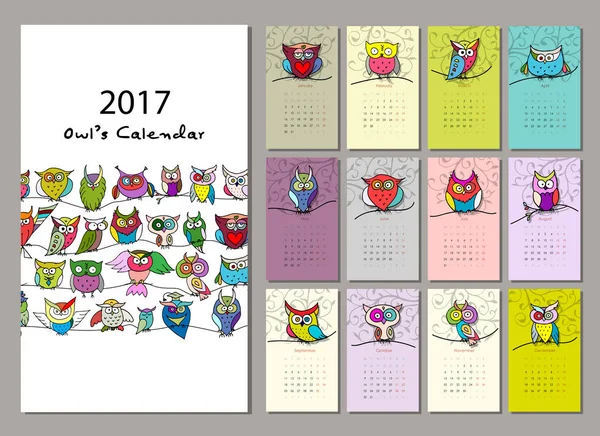 Calendario gufi 2017 design — Vettoriale Stock