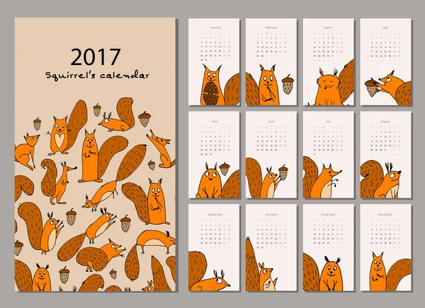 Diseño del calendario de ardillas 2017 — Vector de stock