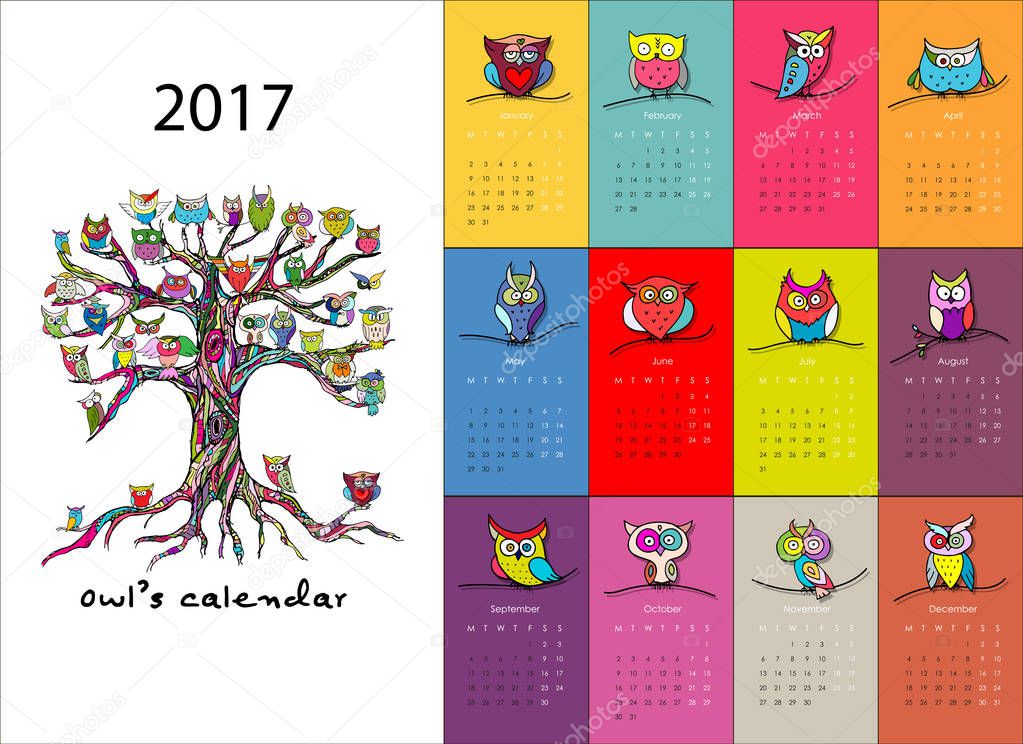 Calendario infantil 2017 con motivos de búhos para imprimir Calendario infantil 2017 con motivos de búhos para imprimir