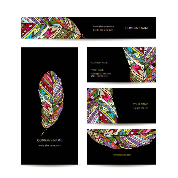 Visitekaartjes met kleurrijke veren voor uw ontwerp — Stockvector
