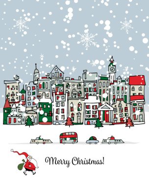 cityscape arka plan ile neşeli Noel Kartpostalı