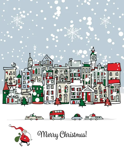 Merry christmas ansichtkaart met stadsgezicht achtergrond — Stockvector