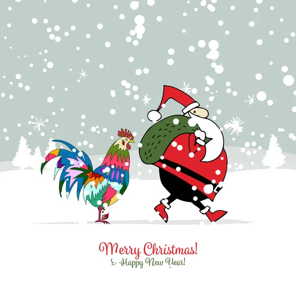 Άγιος Βασίλης με κόκορας, σύμβολο του 2017. Χριστουγεννιάτικη κάρτα — Διανυσματικό Αρχείο