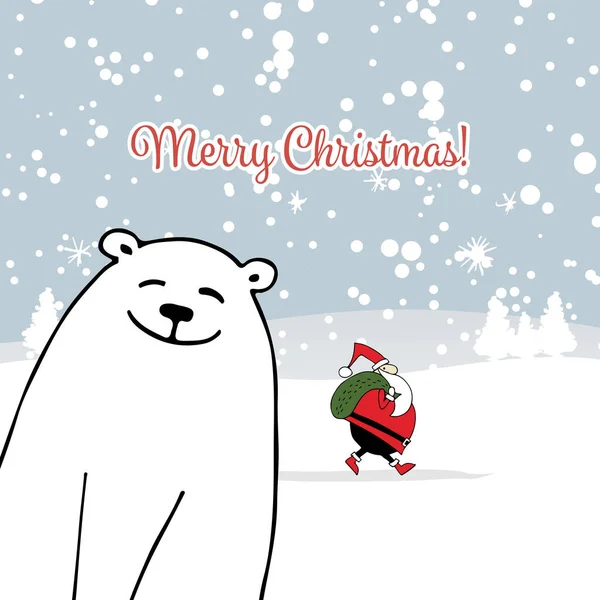 Kerstkaart met witte santa en white bear — Stockvector