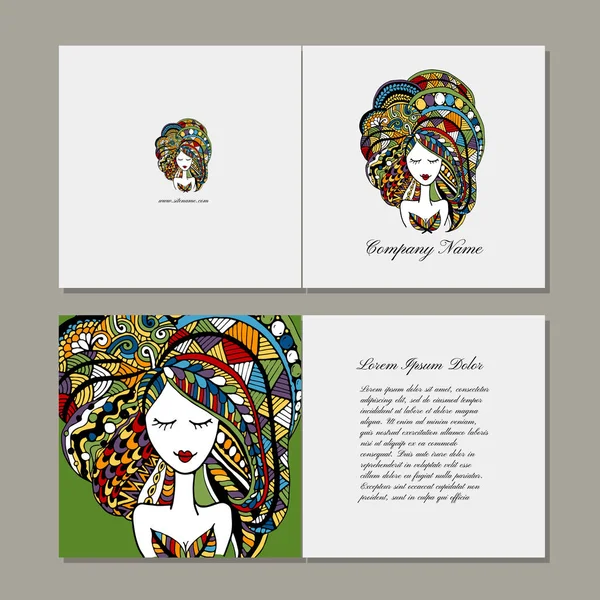 Σχεδιασμός ευχετήριες κάρτες, zenart θηλυκό πορτραίτο — Διανυσματικό Αρχείο