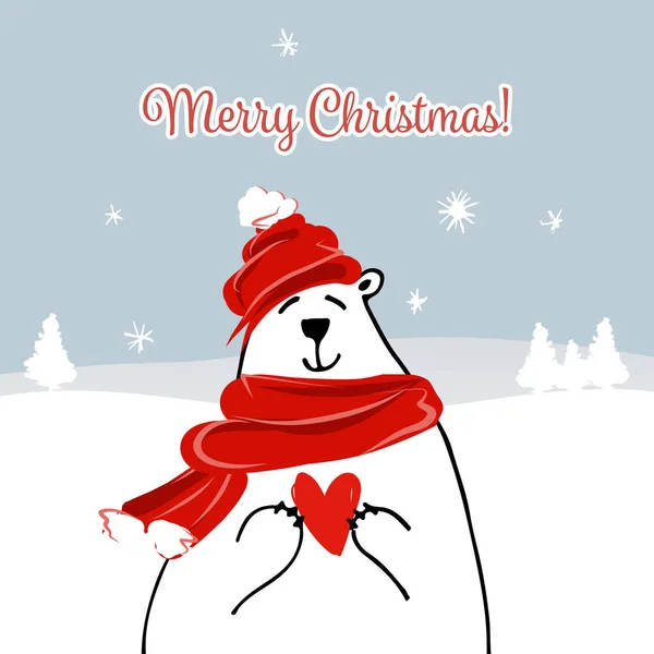 Tarjeta de Navidad con oso blanco de santa — Vector de stock