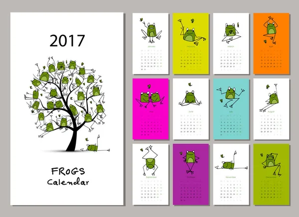 Funny frogs, calendario 2017 design — Vettoriale Stock