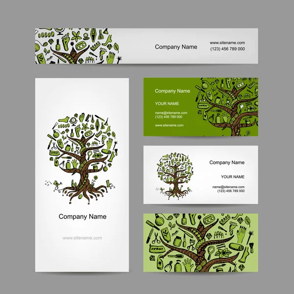 Conjunto de tarjetas de visita con diseño de árbol cosmético — Vector de stock